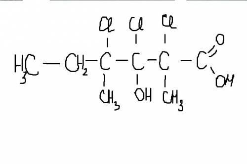 Нарисовать структурную формулу вещества 2,3,4-трихлор-2,4-диметил-3-гидроксигексановая кислота