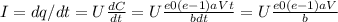 I=dq/dt=U \frac{dC}{dt}=U \frac{e0(e-1)aVt}{bdt} =U \frac{e0(e-1)aV}{b}