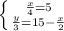 \left \{ { \frac{x}{4}=5 \atop \frac{y}{3}=15- \frac{x}{2} } \right.