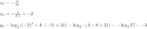 x_0=-\frac{b}{2a} \\ \\ x_0 = -\frac{4}{2 \cdot 1}= -2 \\ \\ y_0=\log_{\frac{1}{3}}((-2)^2 +4\cdot(- 2) +31)=\log_{3^{-1}} (4-8+31)=-\log_3 27=-3