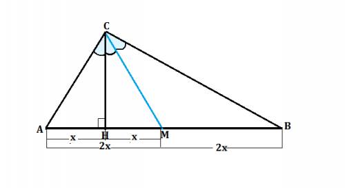 Медиана cm и высота ch треугольника abc делят угол acb на три равные части. найдите угол acb.