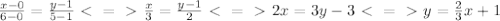 \frac{x-0}{6-0}= \frac{y-1}{5-1} \ \textless \ =\ \textgreater \ \frac{x}{3} = \frac{y-1}{2} \ \textless \ =\ \textgreater \ 2x=3y-3 \ \textless \ =\ \textgreater \ y= \frac{2}{3}x+1