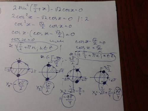 C1 а) решите уравнение 2sin^2 (п/2+x)-корень2 cosx=0 б) укажите корень уравнения, принадлежащему отр