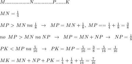 M.................. N.............. P.......K\\\\MN=\frac{1}{4}\\\\MP\ \textgreater \ MN\; na\; \frac{1}{8}\; \; \to \; \; MP=MN+\frac{1}{8},\; MP==\frac{1}{4}+\frac{1}{8}=\frac{3}{8} \\\\no\; \; MP\ \textgreater \ MN\; na\; NP\; \; \to \; \; MP=MN+NP\; \to \; \; NP=\frac{1}{8}\\\\PK\ \textless \ MP\; na\; \frac{5}{16}\; \; \to \; \; PK=MP-\frac{5}{16}=\frac{3}{8}-\frac{5}{16}=\frac{1}{16}\\\\MK=MN+NP+PK=\frac{1}{4}+\frac{1}{8}+\frac{1}{16}=\frac{7}{16}