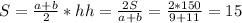 S=\frac {a+b}{2} *h h=\frac {2S}{a+b}=\frac {2*150}{9+11}=15