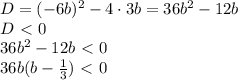 D=(-6b)^2-4\cdot3b=36b^2-12b\\ D\ \textless \ 0\\ 36b^2-12b\ \textless \ 0\\ 36b(b- \frac{1}{3} )\ \textless \ 0