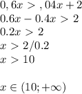 0,6x\ \textgreater \ ,04x+2\\0.6x-0.4x\ \textgreater \ 2\\0.2x\ \textgreater \ 2\\x\ \textgreater \ 2/0.2\\x\ \textgreater \ 10\\\\ x\in (10;+ \infty )