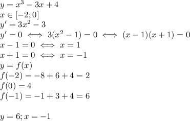 y=x^3-3x+4 \\ x\in [-2;0] \\ &#10;y'=3x^2-3 \\ &#10;y'=0 \iff 3(x^2-1)=0 \iff (x-1)(x+1)=0 \\ &#10;x-1=0 \iff x=1 \\ &#10;x+1=0 \iff x=-1 \\ &#10;y=f(x) \\ &#10;f(-2)=-8+6+4=2 \\ &#10;f(0)=4 \\ &#10;f(-1)=-1+3+4=6 \\ \\ &#10;y=6;x=-1&#10;