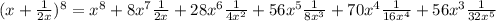 (x+ \frac{1}{2x} )^{8} = x^{8} +8 x^{7} \frac{1}{2x} +28 x^{6} \frac{1}{4 x^{2} }+56 x^{5} \frac{1}{8 x^{3} }+70 x^{4} \frac{1}{16 x^{4} } +56 x^{3} \frac{1}{32 x^{5} }