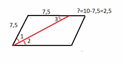 Сторони паралелограма дорівнюють 7,5 см і 10 см.знайти відрізки більшої сторони паралелограма на які