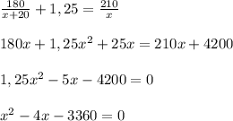 \frac{180}{x+20}+1,25= \frac{210}{x} \\ \\ 180x+1,25x^2+25x=210x+4200 \\ \\ 1,25x^2-5x-4200=0 \\ \\ x^2-4x-3360=0