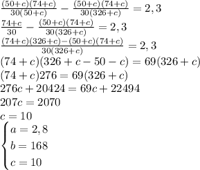 \frac {(50+c)(74+c)}{30(50+c)}-\frac{(50+c)(74+c)}{30(326+c)}=2,3\\\frac{74+c}{30}-\frac{(50+c)(74+c)}{30(326+c)}=2,3\\\frac{(74+c)(326+c)-(50+c)(74+c)}{30(326+c)}=2,3\\(74+c)(326+c-50-c)=69(326+c)\\(74+c)276=69(326+c)\\276c+20424=69c+22494\\207c=2070\\c=10\\\begin{cases}a=2,8\\b=168\\c=10\end{cases}