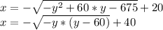 x=- \sqrt{-y^2+60*y-675}+20 \\&#10; x=-\sqrt{-y*(y-60)}+40