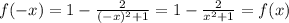 f(-x) = 1 - \frac{2}{(-x)^2+1} =1 - \frac{2}{x^2+1} = f(x)