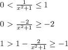 0 \ \textless \ \frac{1}{x^2+1} \leq 1 \\ \\ 0 \ \textgreater \ \frac{-2}{x^2+1} \geq -2 \\ \\ 1\ \textgreater \ 1- \frac{2}{x^2+1} \geq -1