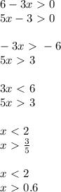 6-3x\ \textgreater \ 0 \\ 5x-3\ \textgreater \ 0 \\ \\ -3x\ \textgreater \ -6 \\ 5x\ \textgreater \ 3 \\ \\ 3x\ \textless \ 6 \\ 5x\ \textgreater \ 3 \\ \\ x\ \textless \ 2 \\ x\ \textgreater \ \frac{3}{5} \\ \\ x\ \textless \ 2 \\ x\ \textgreater \ 0.6