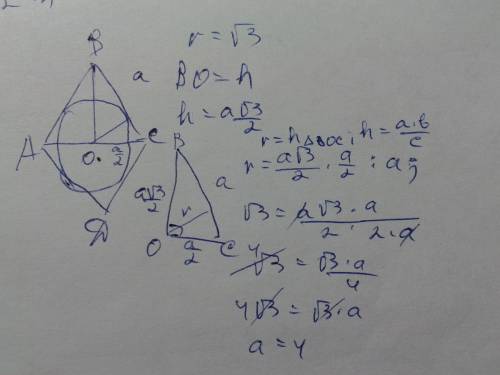 Вромб, який ділиться своєю діагоналлю на два рівносторонніх трикутника, вписане коло, радіусу r = √