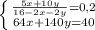 \left \{ {{\frac{5x+10y}{16-2x-2y}=0,2} \atop {64x+140y=40}} \right.