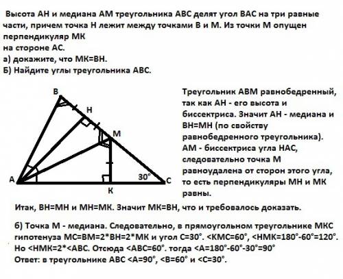 Высота ан и медиана ам треугольника авс делят угол вас на три равные части, причем точка н лежит меж