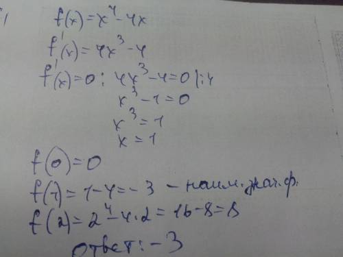 Найдите наименьшее значение функции f(x)=x^4-4x, на отрезке [0; 2]