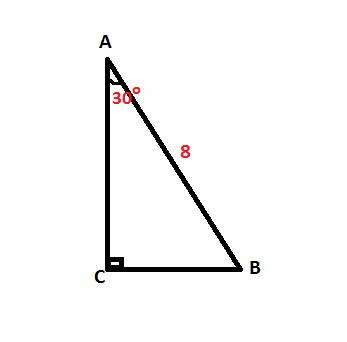 Впрямоугольном треугольнике abc угол с- прямой угол а=30 градусам аb=8. чему равна сторона bc? решен
