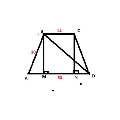 Основания равнобедренной трапеции равны 14 и 50 боковая сторона равна 30 найдите длину диагонали тра