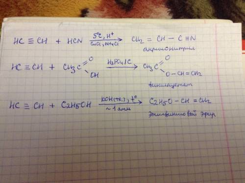 Какие соединения образуются при взаимодействии ацетилена со следующими веществами: синильной кислото