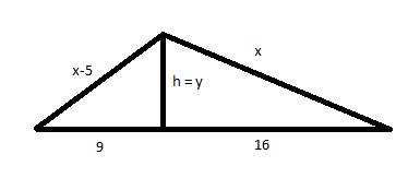 Одна из сторон треугольника на 5 см меньше другой высота делит третью сторону на отрезки 9 и 16 см н