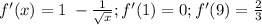 f'(x) = 1 \;-\frac{1}{\sqrt{x}}; f'(1) = 0; f'(9) = \frac{2}{3}