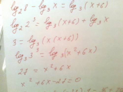 Найдите сумму корней (или корень,если он единственный) уравнения log2 8-log3 x = log3 (x+6)
