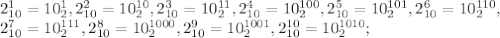 2^1_{10}=10^1_2, 2^2_{10}=10^{10}_2, 2^3_{10}=10^{11}_2, 2^4_{10}=10^{100}_2, 2^5_{10}=10^{101}_2, 2^6_{10}=10^{110}_2, \\ 2^7_{10}=10^{111}_2, 2^8_{10}=10^{1000}_2, 2^9_{10}=10^{1001}_2, 2^{10}_{10}=10^{1010}_2;