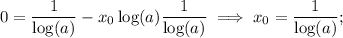 \displaystyle 0=\frac{1}{\log(a)}-x_0\log(a)\frac{1}{\log(a)} \implies x_0=\frac{1}{\log(a)};