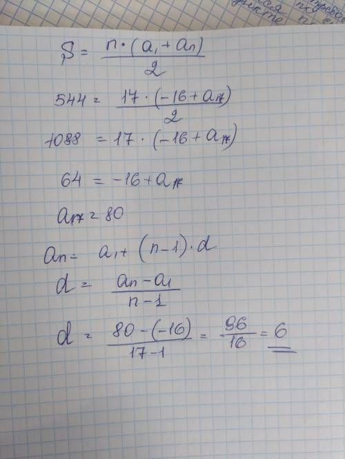 Знайдіть різницю арифметичної прогресії, перший член якої дорівнює -16, а сума перших сімнадцяти чле
