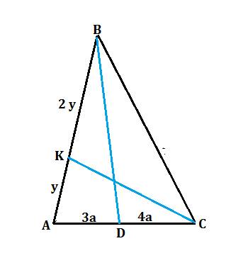 Bd и ск - биссектрисы треугольника авс с периметром 18 . ак : кв = 1: 2 и ad : dc = 3 : 4 чему равны
