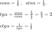cos \alpha =\frac{1}{6}\; ,\; \; sin \alpha =\frac{1}{3}.\\\\tg \alpha =\frac{sin \alpha }{cos \alpha }=\frac{\frac{1}{3}}{\frac{1}{6}}=\frac{6}{3}=2\\\\ctg \alpha =\frac{1}{tg \alpha }=\frac{1}{2}