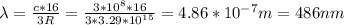 \lambda= \frac{c*16}{3R} = \frac{3*10 ^{8} *16}{3*3.29*10 ^{15} } = 4.86*10^{-7}m=486nm