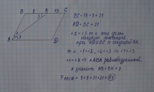 Впараллелограмме abcd из угла а проведена биссектриса ak. найдите периметр, если bk=8, ck=13.