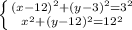 \left \{ {{ (x-12)^2 + (y-3)^2 = 3^2 } \atop { x^2+(y-12)^2=12^2}} \right.