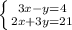 \left \{ {{3x-y=4 } \atop {2x+3y=21}} \right.