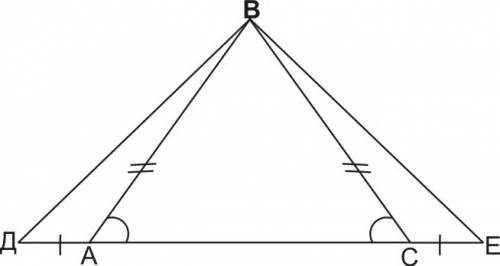 Основание равнобедренного треугольника продолжен в обе стороны на равные расстояния . полученные точ