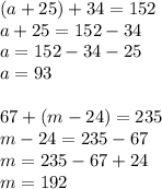 (a+25)+34=152 \\ a+25=152-34 \\ a=152-34-25 \\ a=93 \\ \\ 67+(m-24)=235 \\ m-24=235-67 \\ m=235-67+24 \\ m=192