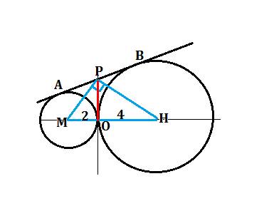 Окружности, длины радиусов которых равны 2 см и 4 см внешним образом касаются в точке о. общая касат