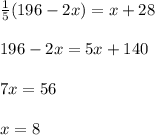 \frac{1}{5}(196-2x)=x+28\\\\196-2x=5x+140\\\\7x=56\\\\x=8