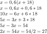 x=0,6(x+18) \newline&#10;x=0,6x+0,6*18 \newline&#10;10x=6x+6*18 \newline&#10;5x=3x+3*18 \newline&#10;5x-3x=54 \newline&#10;2x=54&#10;x=54/2=27