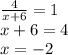 \frac{4}{x+6} =1 \\ &#10;x+6=4 \\ &#10;x=-2