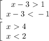 \left[\begin{array}{ccc}x-3 \ \textgreater \ 1\\x-3 \ \textless \ - 1\end{array}\right \\ \\ \left[\begin{array}{ccc}x \ \textgreater \ 4\\x \ \textless \ 2\end{array}\right