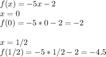 f(x)=-5x-2 \\ x=0 \\ f(0)=-5*0-2=-2 \\ \\ x=1/2 \\ f(1/2)=-5*1/2-2=-4.5