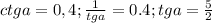 ctga = 0,4 ; \frac{1}{tga}=0.4; tga= \frac{5}{2}