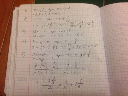 100 за верное решение! 1. x + 3,2 при x = -3,2 2. -5x при x = - 2 целых восемь пятнадцатых 3. 12x –