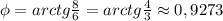 \phi=arctg \frac{8}{6} =arctg \frac{4}{3} \approx 0,9273